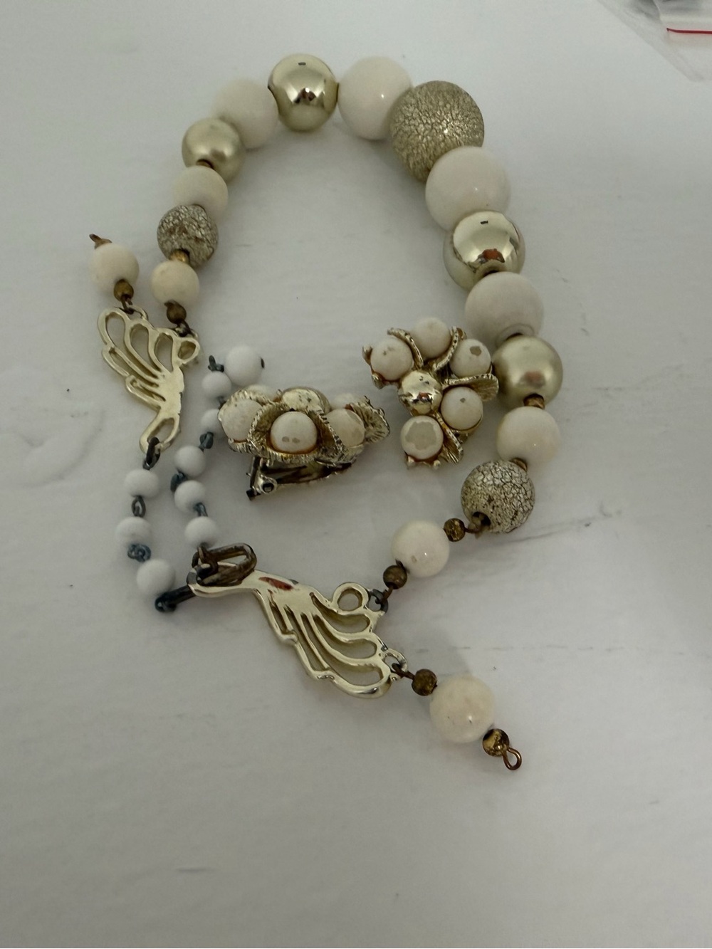 Gold & Cream Beaded Statement Necklace and Clip-On Earrings Set mid century VTG